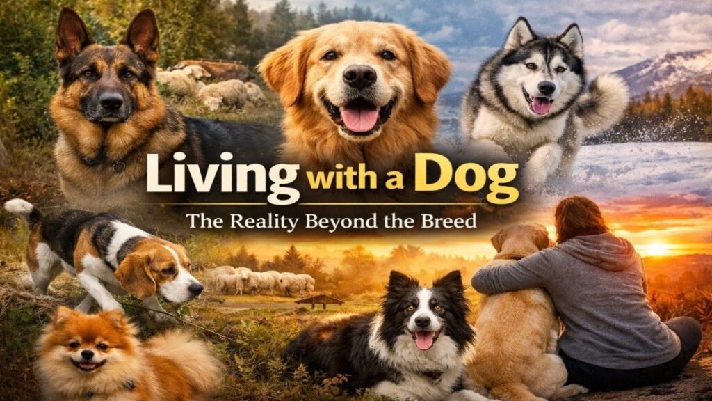 Collage showing different dog breeds including German Shepherd, Golden Retriever, Husky, Beagle, Pomeranian, and a mixed breed dog, representing the reality of living with dogs beyond appearance