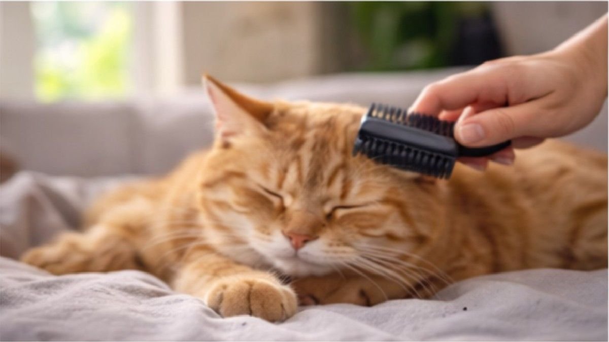 Gently brusing a calm cat to reduce stress during grooming