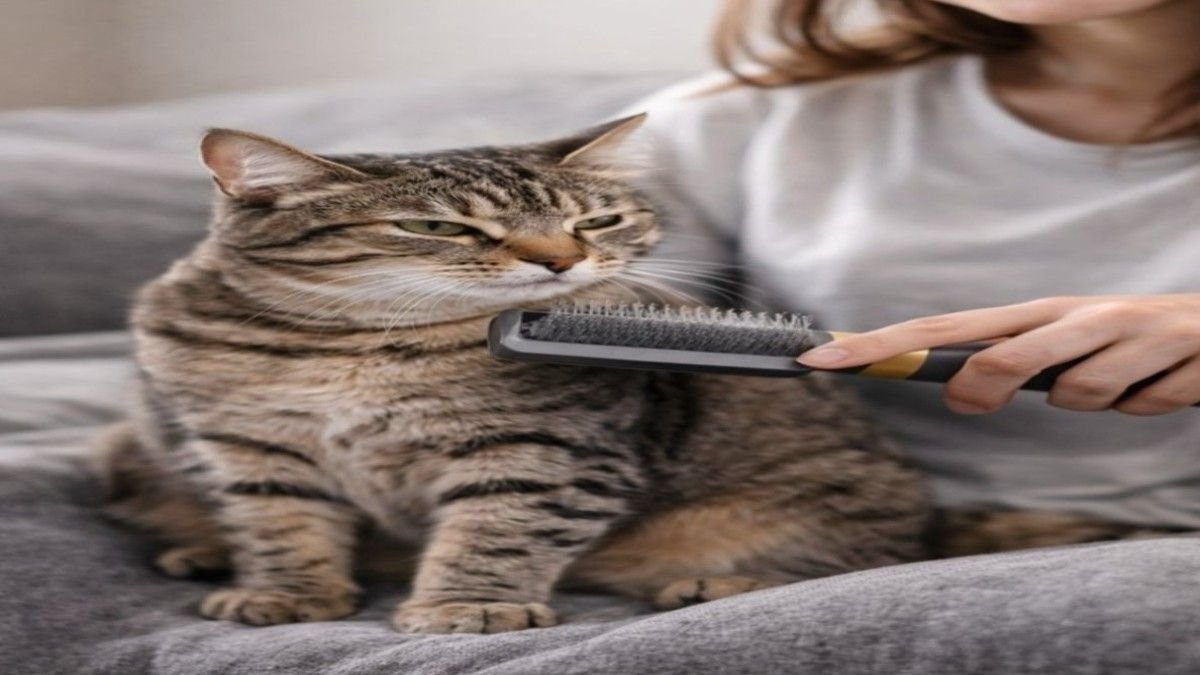 Professional cat grooming using brush to reduce shedding