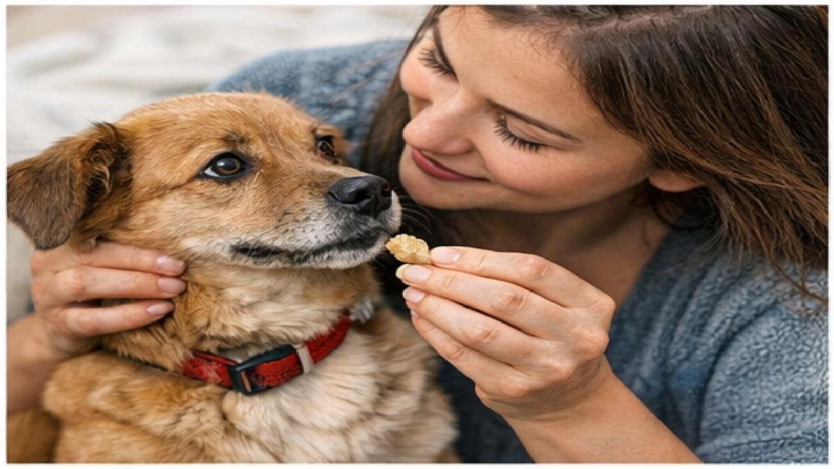 Owner calming nervous dog with treat during grooming