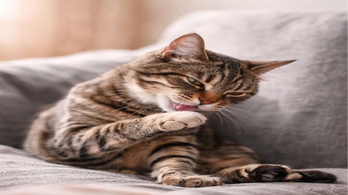 Cat cleaning its paw while sitting comfortably on a sofa