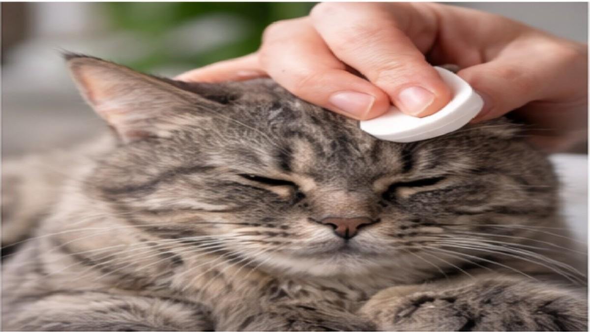 Cleaning cat ears and eyes gently using soft damp cloth