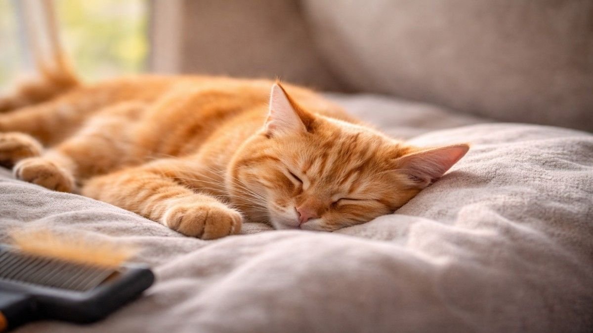 Orange cat sleeping peacefully after grooming session