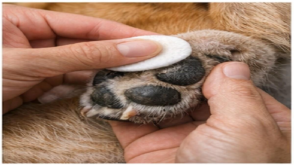 Cleaning and checking dog paws during grooming