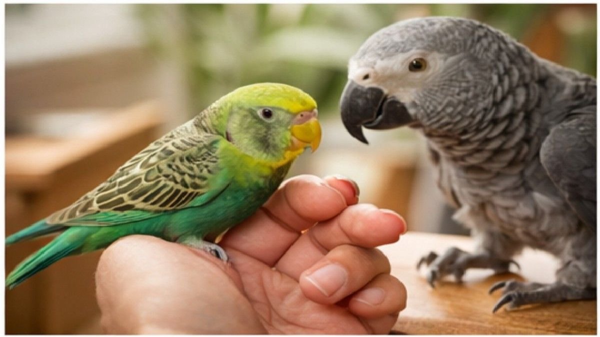 Budgerigar and African Grey Parrot interacting with their owner in a home setting
