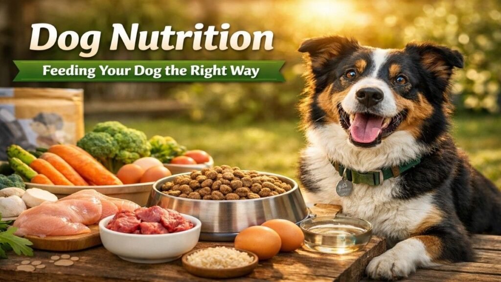 Healthy dog sitting next to balanced dog food with fresh ingredients