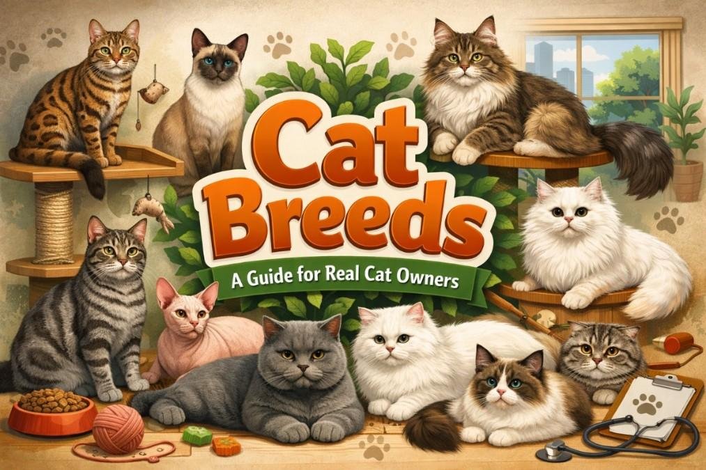 Cat breeds guide showing different short haired and long haired cats in an indoor home setting, helping owners choose the right cat for their lifestyle