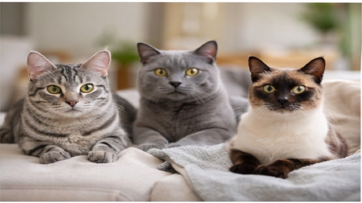 Three different cat breeds sitting together indoors.