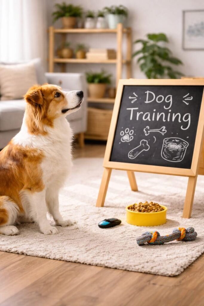 dog training setup with attentive dog learning commands using positive reinforcement tools