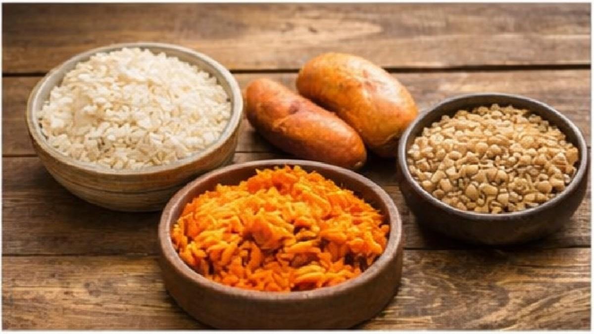 Healthy carbohydrates for dogs including rice oats and sweet potatoes