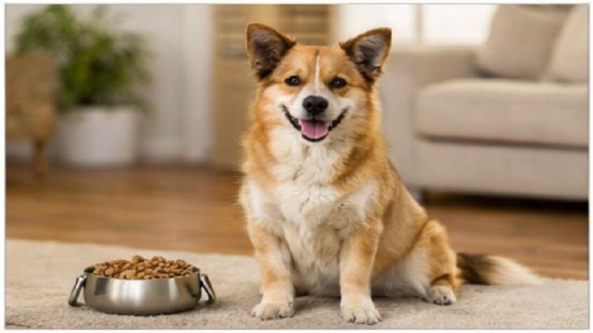 Healthy dog sitting near food bowl at home