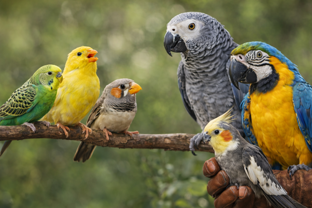 A variety of popular pet bird breeds including a Blue-and-Yellow Macaw, African Grey Parrot, Cockatiel, and Canary perched on branches in a natural, soft green background