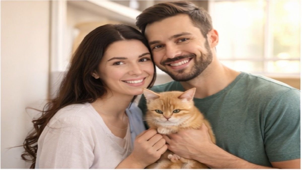 Happy couple holding a pet cat indoors