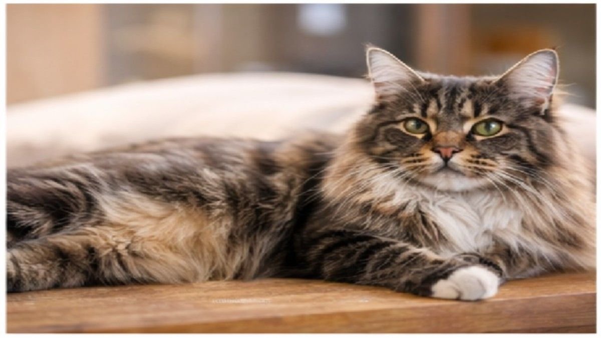 Maine Coon cat with long fur lying on a wooden surface