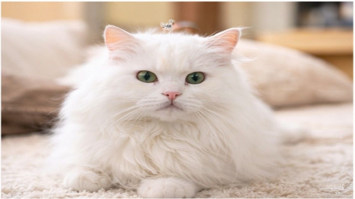 Persian cat with long white coat resting indoors